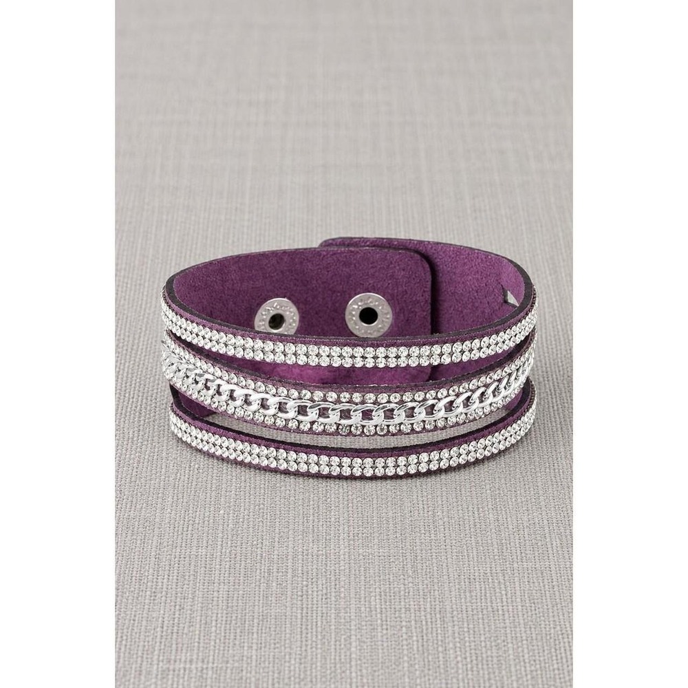 Purple Faux Suede Rhinestone Curb Chain Cuff Bracelet Double Snap Wrap Bangle